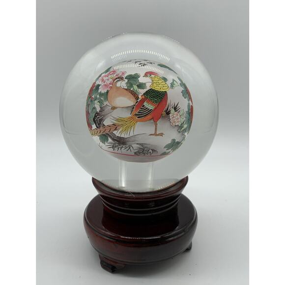 Vntg Chinese Reverse Hand Painted Crystal Ball Rotating Stand Birds Signed - Picture 1 of 8